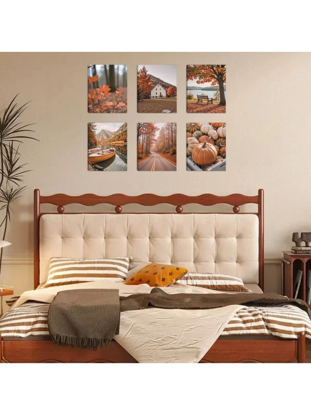 Rustic Autumn Canvas Wall Art Set - 6Pcs Pumpkin Maple Leaf Decor for Home